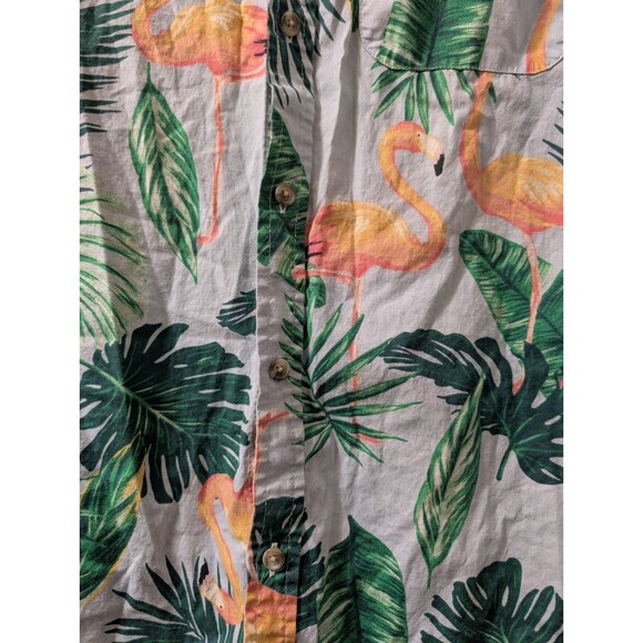 Old Navy Men’s XL Flamingo Hawaiian Shirt Gray Green Tropical Button Up Cotton - Picture 11 of 13